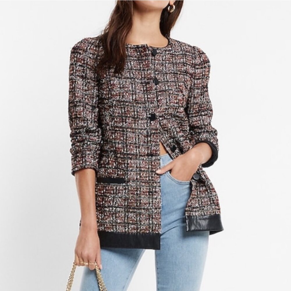 EXPRESS Women's NEW Metallic Tweed Blazer Coat Jacket Faux Leather Trim | Size S